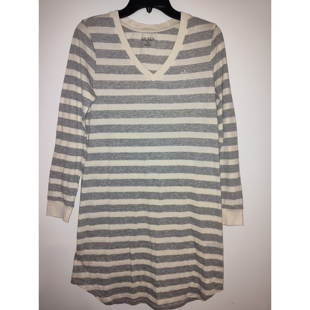 Lauren Ralph Lauren Womens Striped V-Neck Long Sleeve Sleep Shirt Gray‎ Cream S